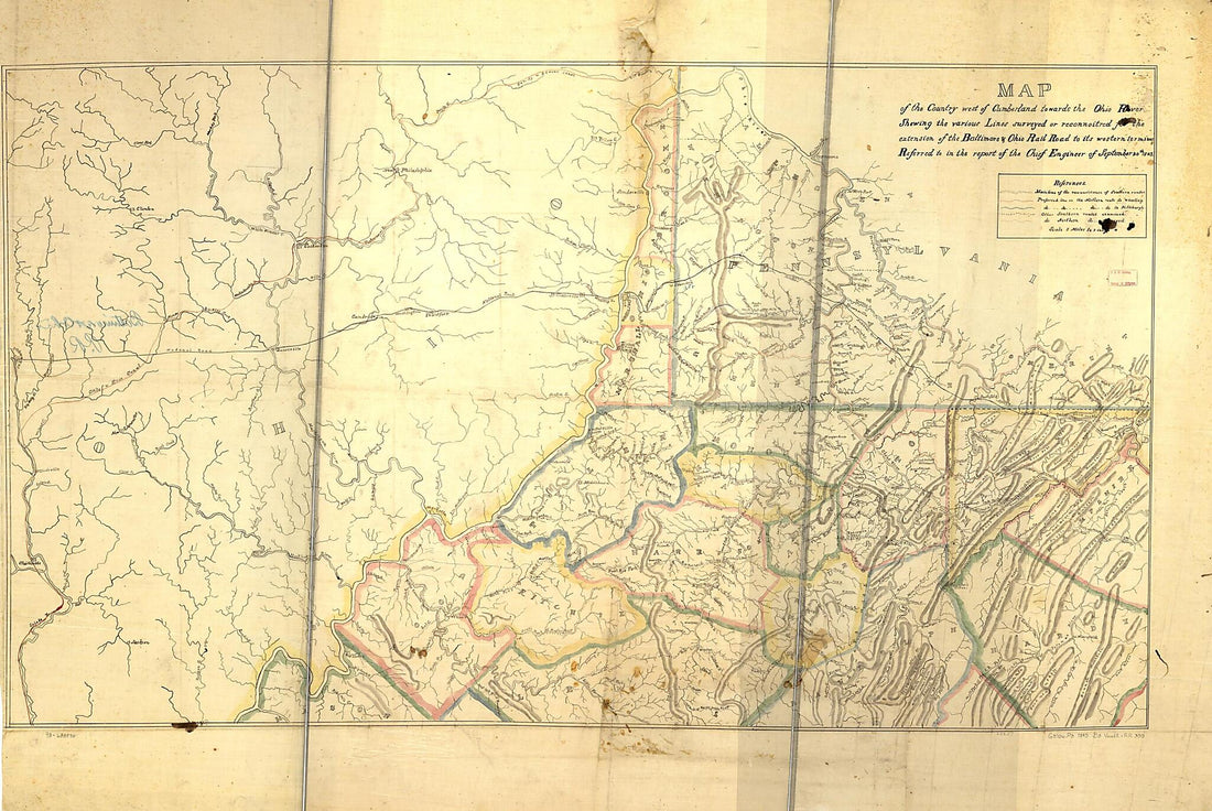 This old map of Map of the County West of Cumberland Towards the Ohio River, Showing the Various Lines Surveyed Or Reconnoitred sic for the Extension of the Baltimore &amp; Ohio Rail Road to Its Western Terminus Referred to In the Report of the Chief Enginee