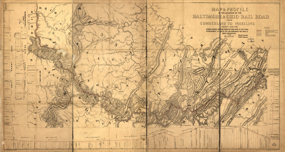 This old map of Map &amp; Profile of the Location of the Baltimore &amp; Ohio Rail Road from Cumberland to Wheeling Showing Also the Various Routes Surveyed from the 1836 to the Final Establishment In from 1850 of the Line Upon Which the Road Is Being Constructe