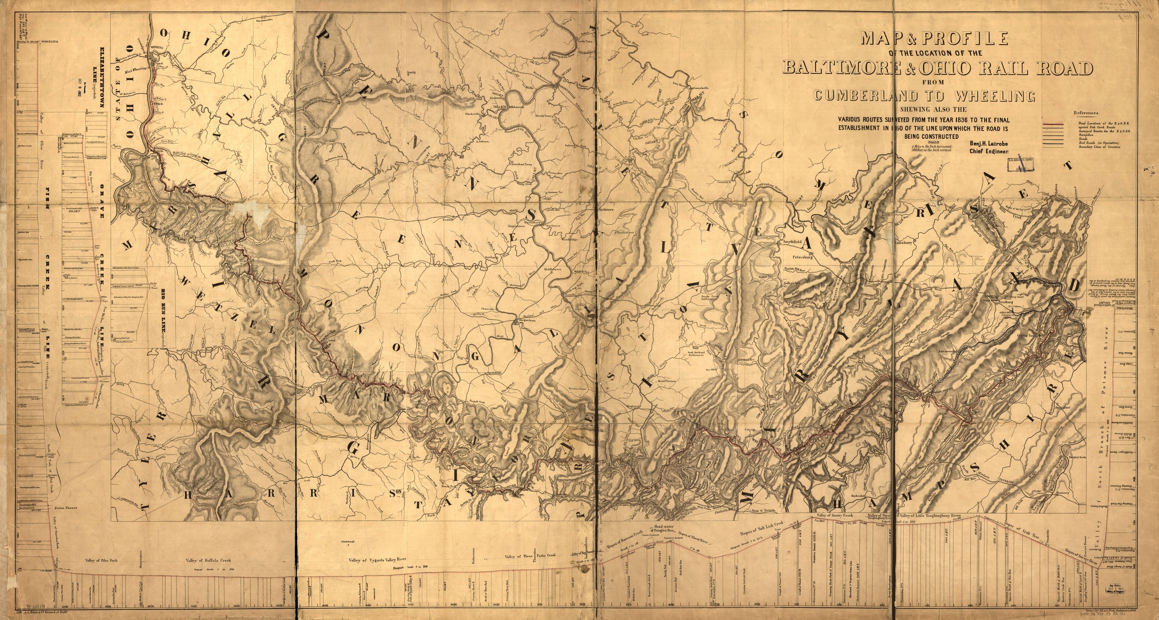 This old map of Map &amp; Profile of the Location of the Baltimore &amp; Ohio Rail Road from Cumberland to Wheeling Showing Also the Various Routes Surveyed from the 1836 to the Final Establishment In from 1850 of the Line Upon Which the Road Is Being Constructe