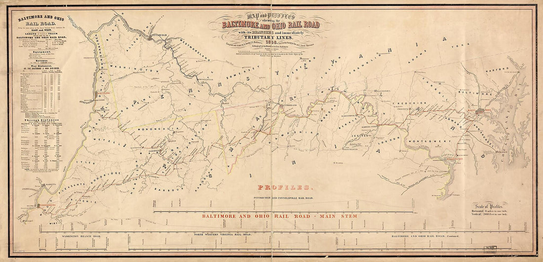 This old map of Map and Profiles Showing the Baltimore and Ohio Rail Road With Its Branches and Immediately Tributary Lines, from 1858; Compiled and Drawn by L. Jacobi C.E. Baltimore was created by  Baltimore and Ohio Railroad Company, L. Jacobi in 1858