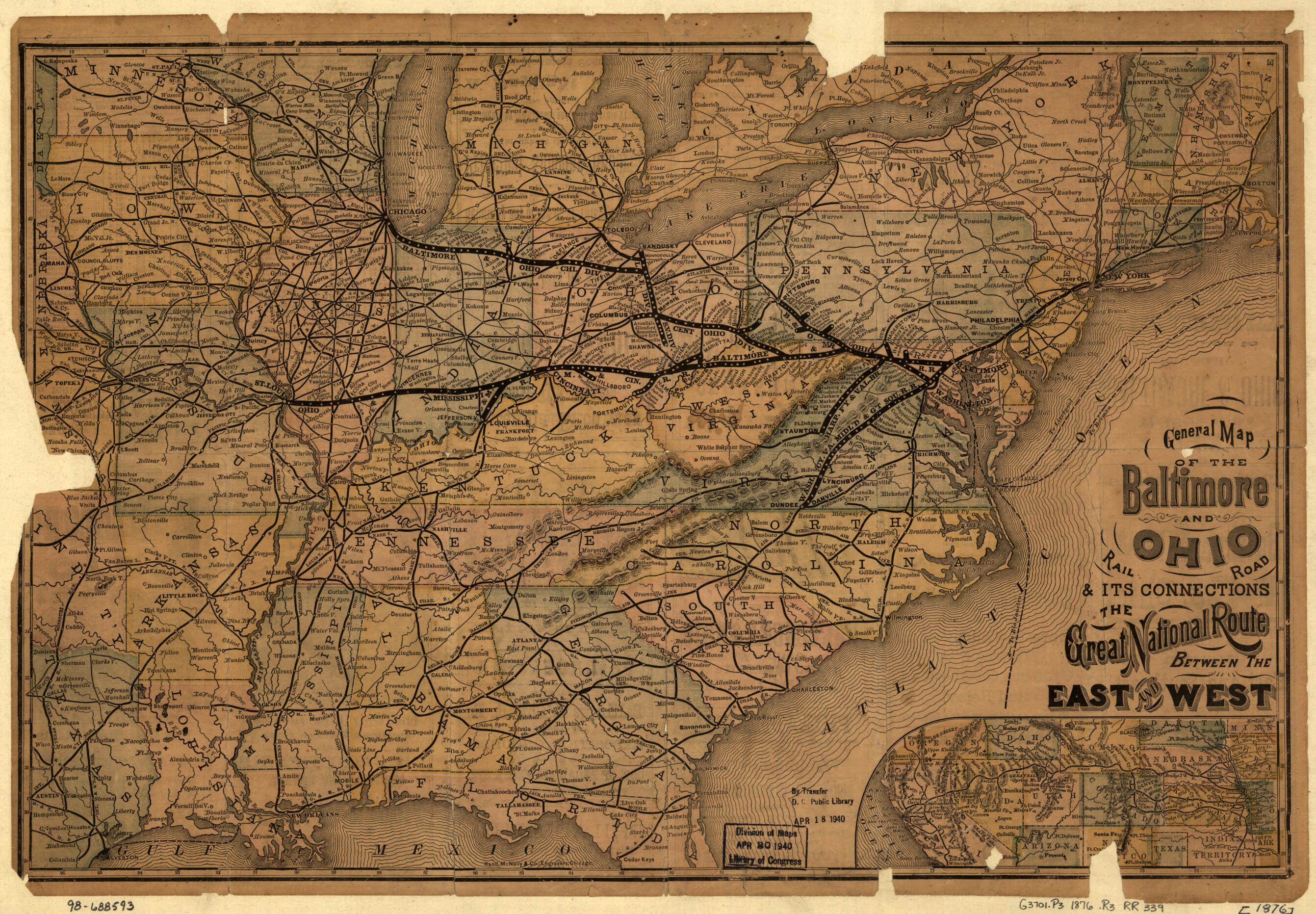This old map of General Map of the Baltimore and Ohio Rail Road &amp; Its Connections; the Great National Route Between the East and West from 1876 was created by  Baltimore and Ohio Railroad Company,  Rand McNally and Company in 1876