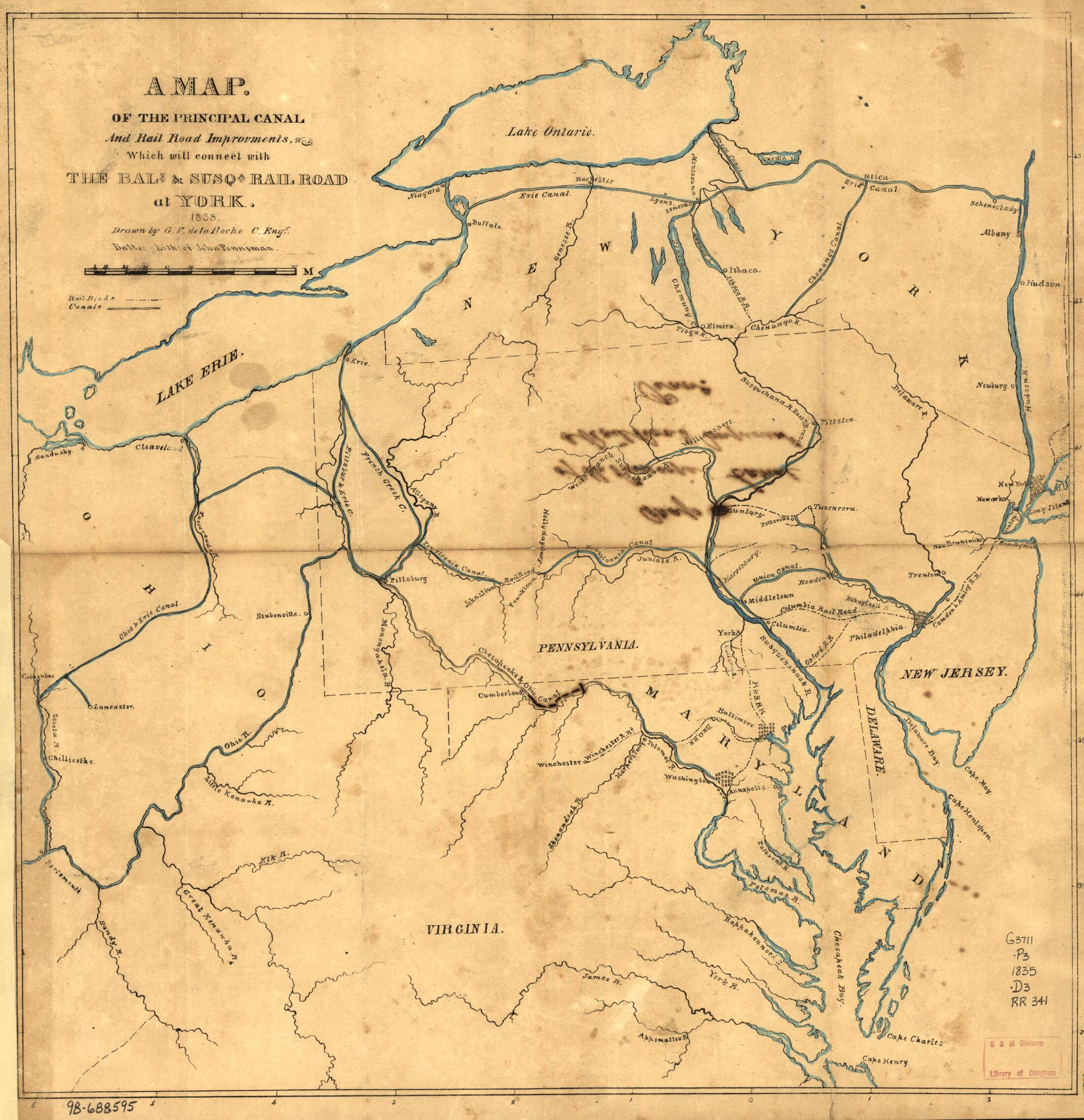 This old map of A Map, of the Principal Canal and Rail Road Improvments sic, Which Will Connect With the Balt. &amp; Susqa. Rail Road at York; Drawn by G. F. De La Roche. C. Engr from 1835 was created by  Baltimore and Susquehanna Railroad Company, G. F. De 