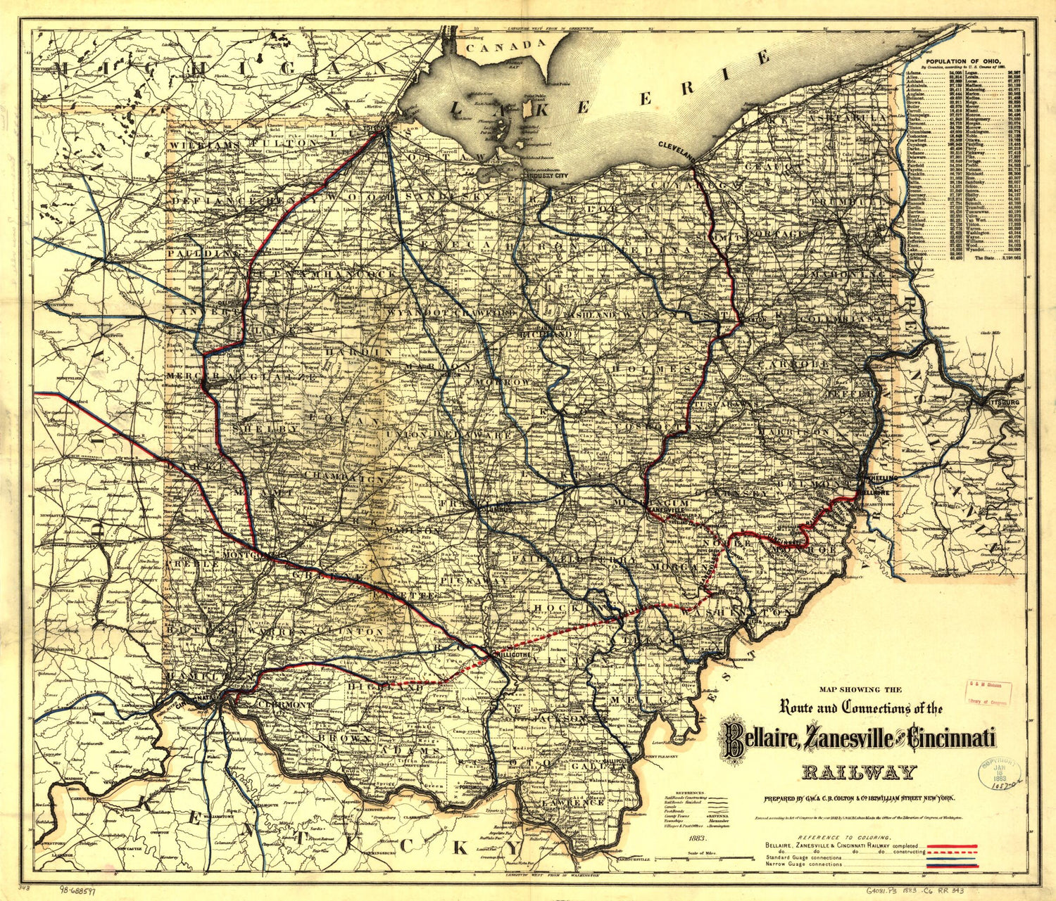This old map of Map Showing the Route and Connections of the Bellaire, Zanesville and Cincinnati Railway from 1883 was created by Zanesville and Cincinnati Railway Bellaire,  G.W. &amp; C.B. Colton &amp; Co in 1883