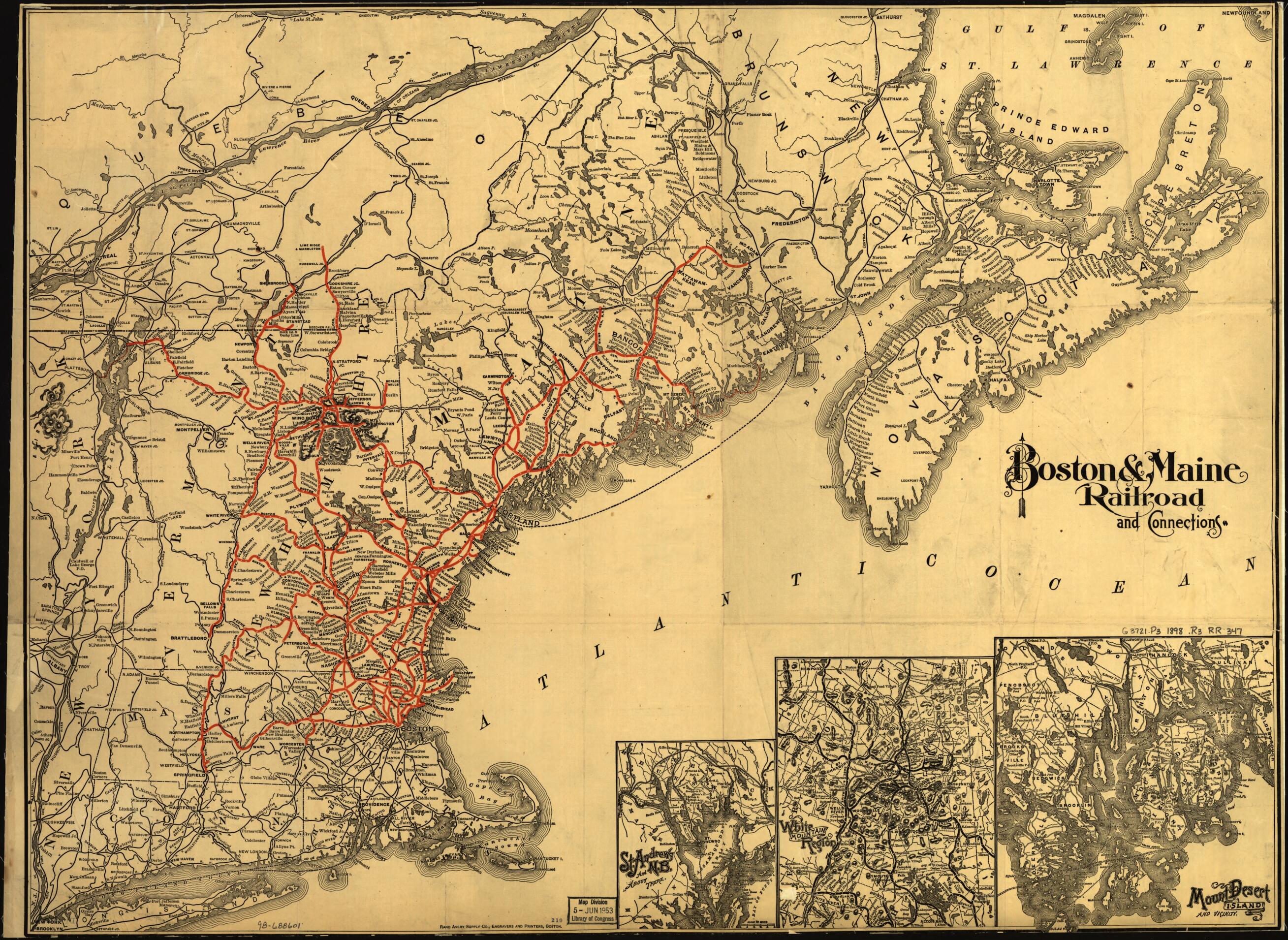 This old map of Boston &amp; Maine Railroad and Connections from 1898 was created by  Boston and Maine Railroad,  Rand McNally and Company in 1898