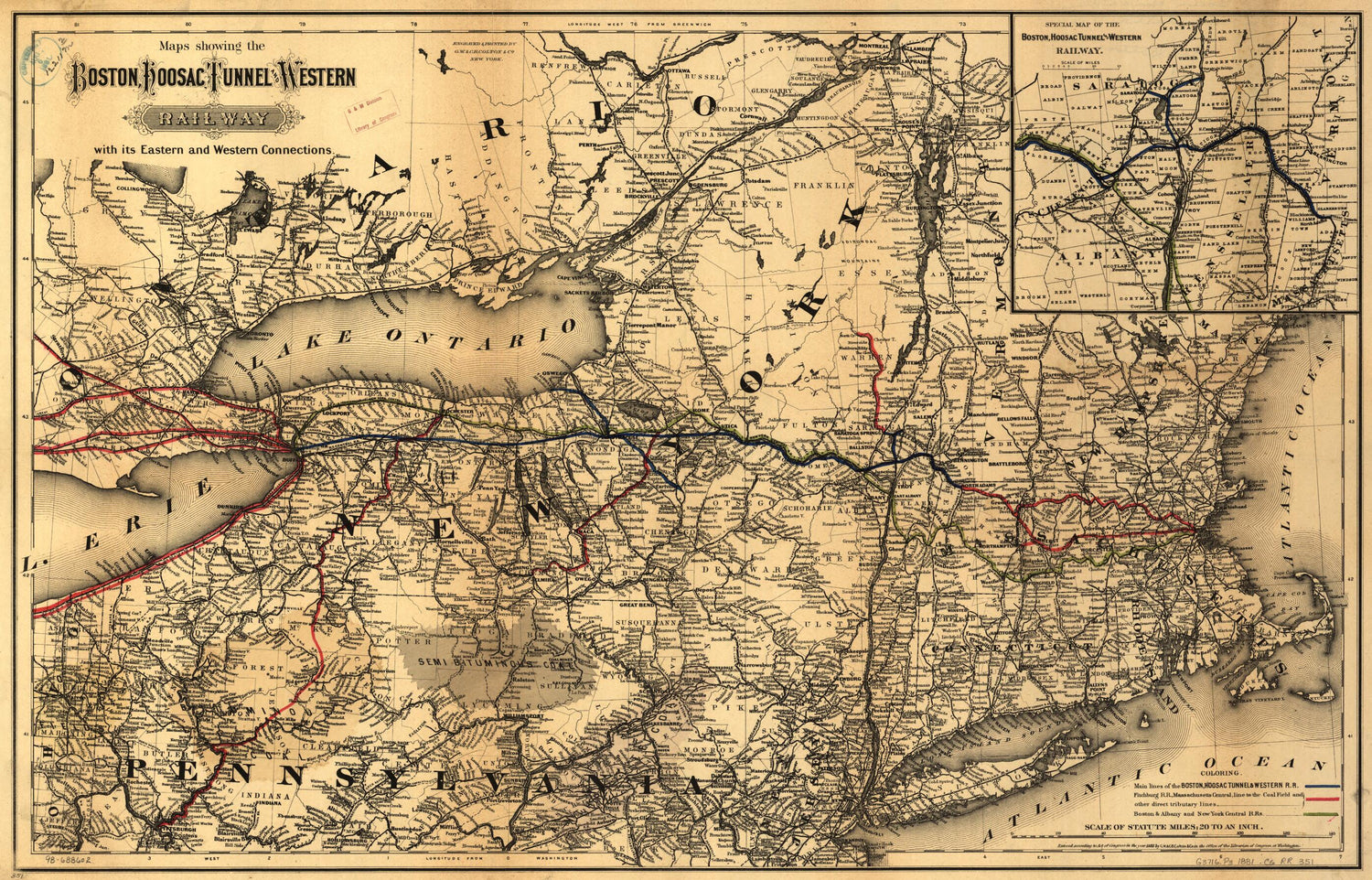 This old map of Maps Showing the Boston Hoosac Tunnel and Western Railway With Its Eastern and Western Connections from 1881 was created by Hoosac Tunnel Boston,  G.W. &amp; C.B. Colton &amp; Co in 1881
