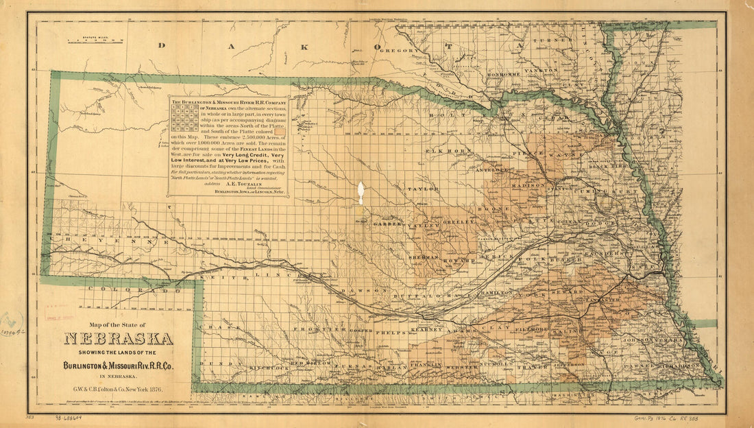 This old map of Map of the State of Nebraska Showing the Lands of the Burlington &amp; Missouri Riv. R.R. Co. In Nebraska from 1876 was created by  Burlington and Missouri River Railroad Company,  G.W. &amp; C.B. Colton &amp; Co in 1876