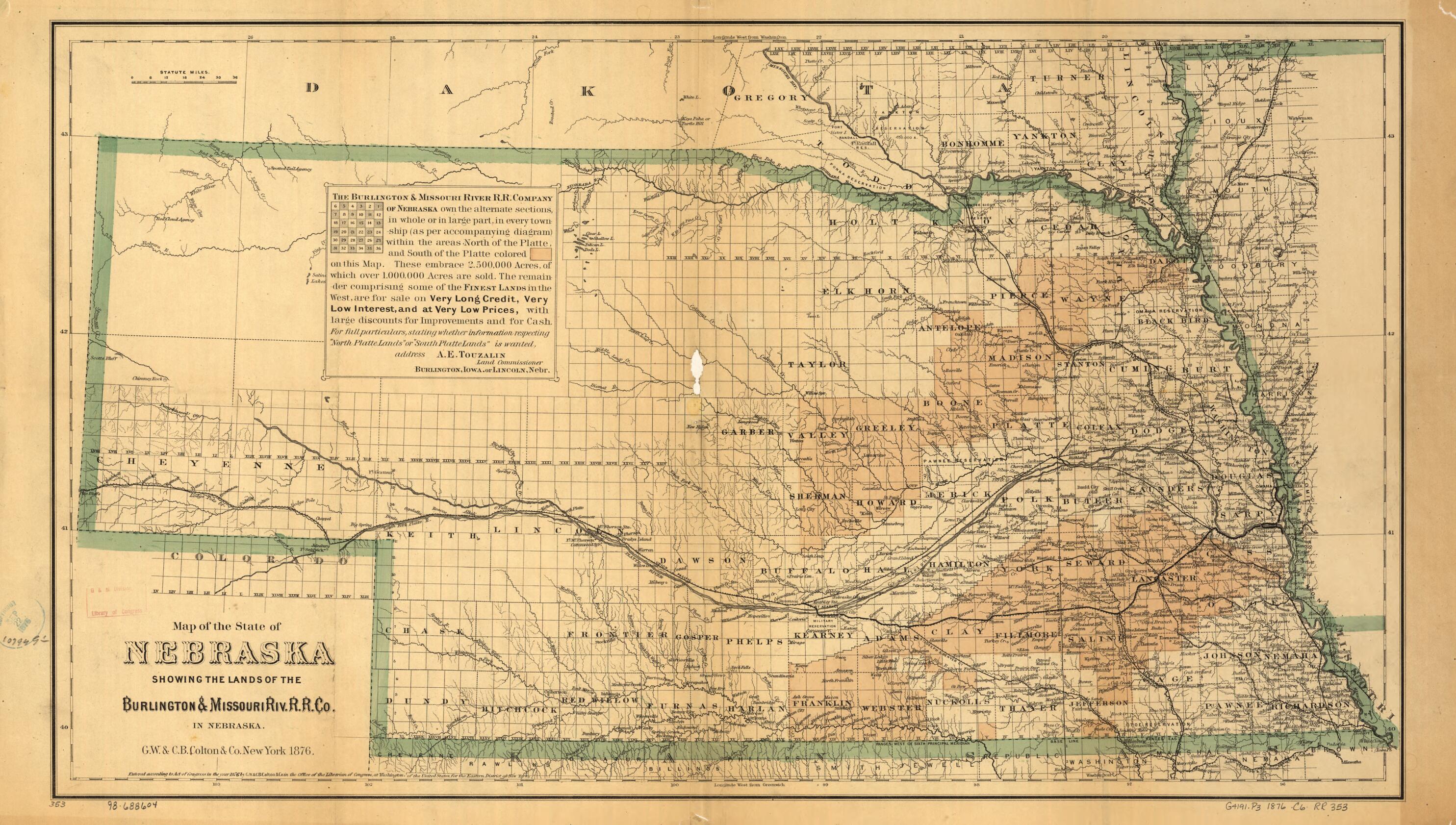 This old map of Map of the State of Nebraska Showing the Lands of the Burlington &amp; Missouri Riv. R.R. Co. In Nebraska from 1876 was created by  Burlington and Missouri River Railroad Company,  G.W. &amp; C.B. Colton &amp; Co in 1876