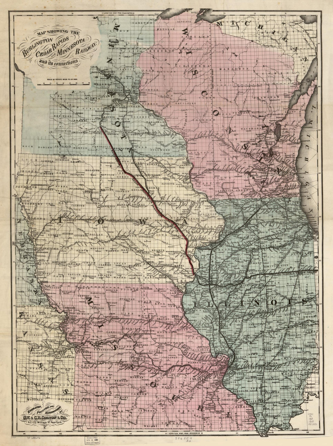 This old map of Map Showing the Burlington Cedar Rapids and Minnesota Railway and Its Connections from 1868 was created by Cedar Rapids Burlington,  G.W. &amp; C.B. Colton &amp; Co in 1868