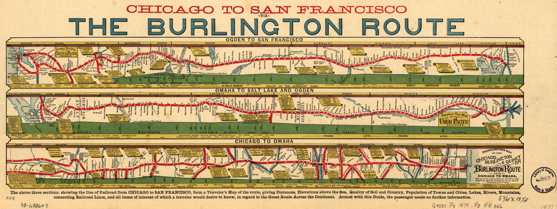 This old map of Chicago to San Franciso Via the Burlington Route from 1879 was created by Burlington &amp; Quincy Railroad Company Chicago,  H.R. Page &amp; Co in 1879