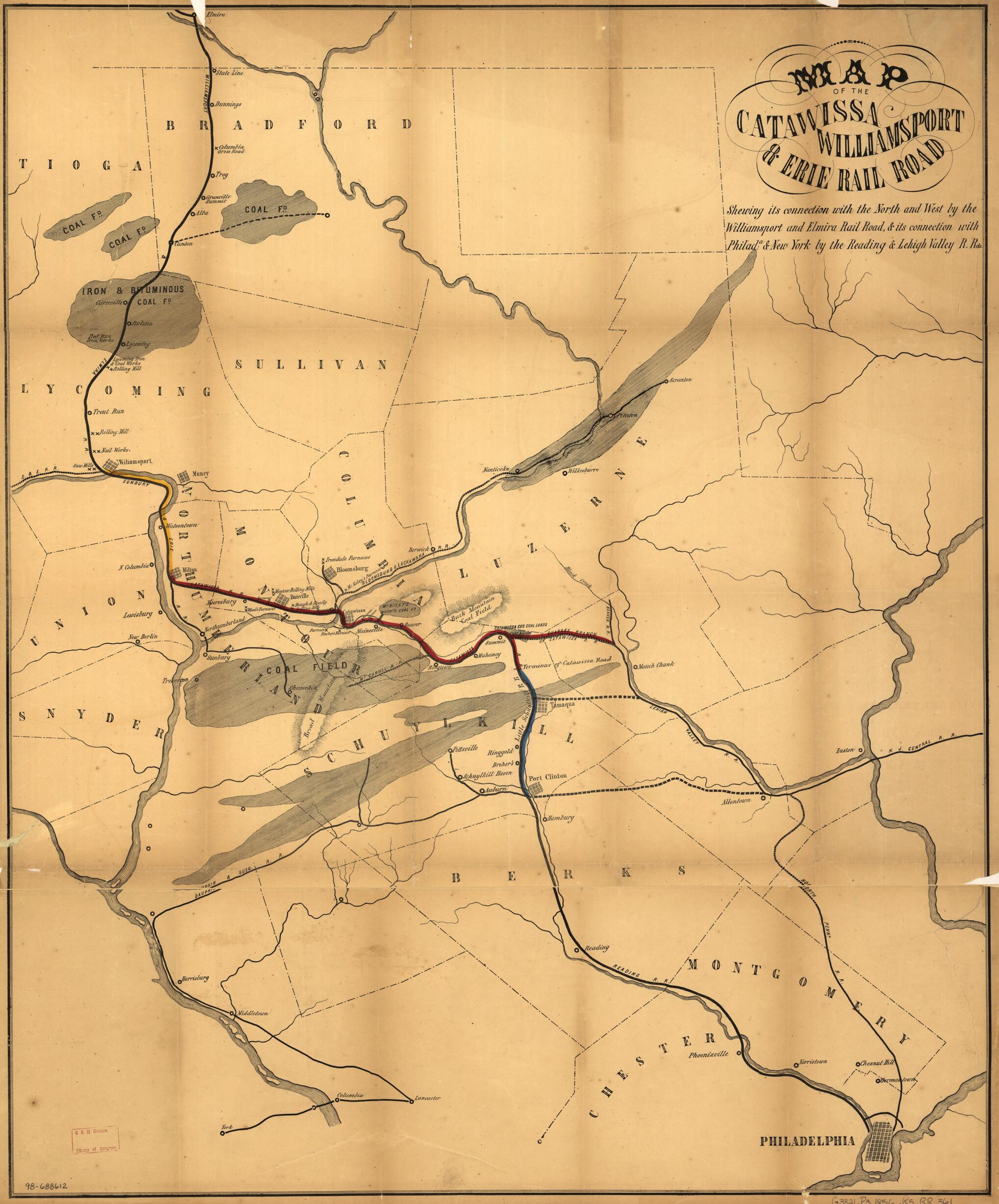 This old map of Map of the Catawissa, Williamsport &amp; Erie Rail Road; Showing Its Connection With the North and West by the Williamsport and Elmira Rail Road, &amp; Its Connection With Philada. &amp; New York by the Reading &amp; Lehigh Valley R. Rd from 1856 was cre