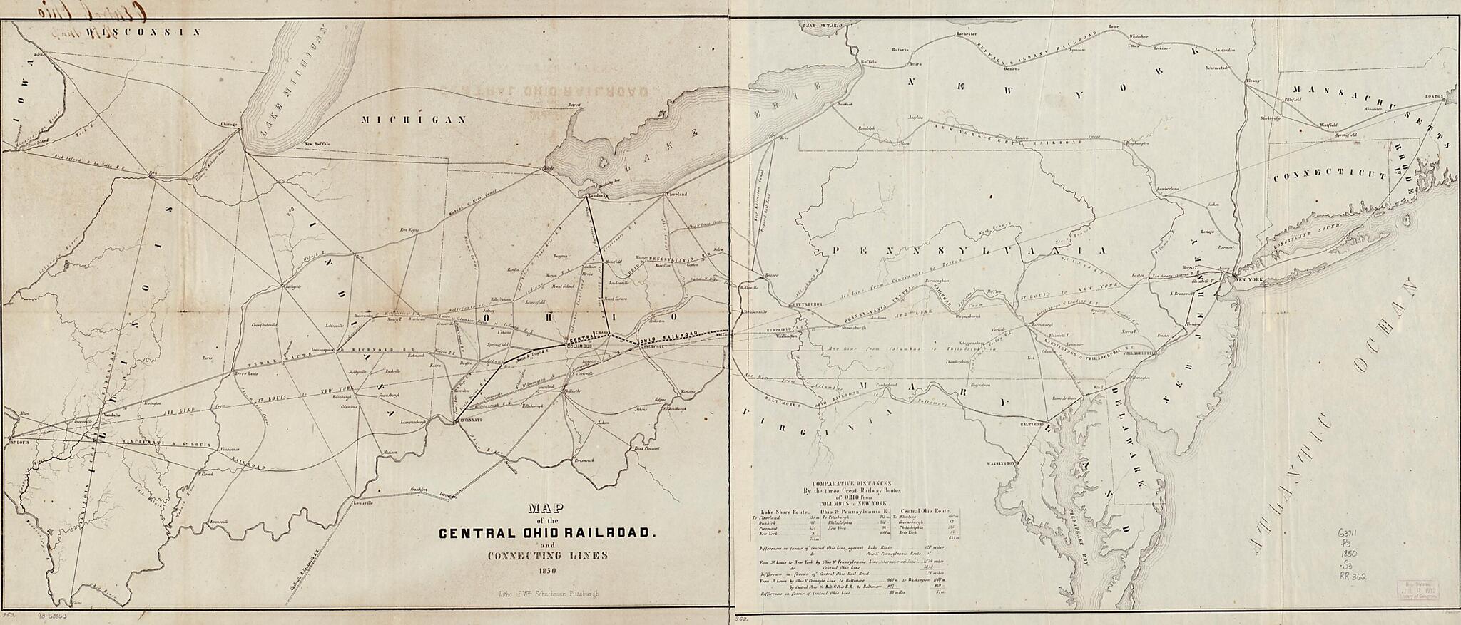 This old map of Map of the Central Ohio Railroad and Connecting Lines from 1850 was created by  Central Ohio Railroad Company, William Schuchman in 1850