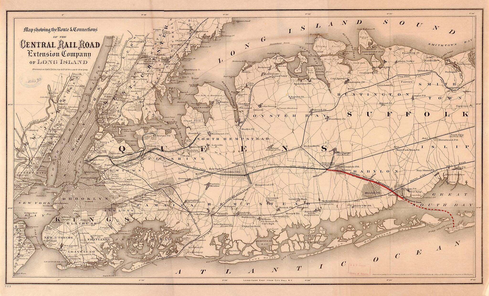 This old map of Map Showing the Route &amp; Connections of the Central Rail Road Extension Company of Long Island from 1873 was created by  Central Railroad Extension Company of Long Island,  G.W. &amp; C.B. Colton &amp; Co in 1873