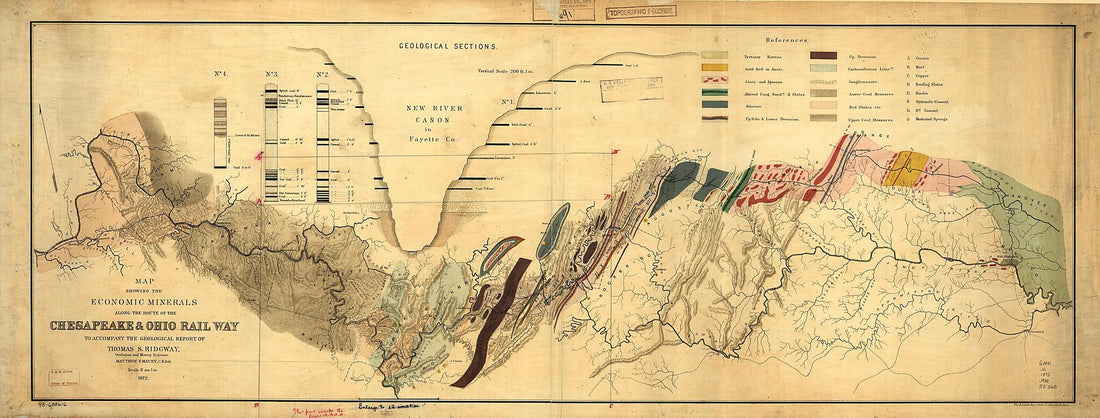 This old map of Map Showing the Economic Minerals Along the Route of the Chesapeake &amp; Ohio Rail Way to Accompany the Geological Report of Thomas S. Ridgway from 1872 was created by  Chesapeake and Ohio Railroad Company, Matthew Fontaine Maury, Thomas S. 