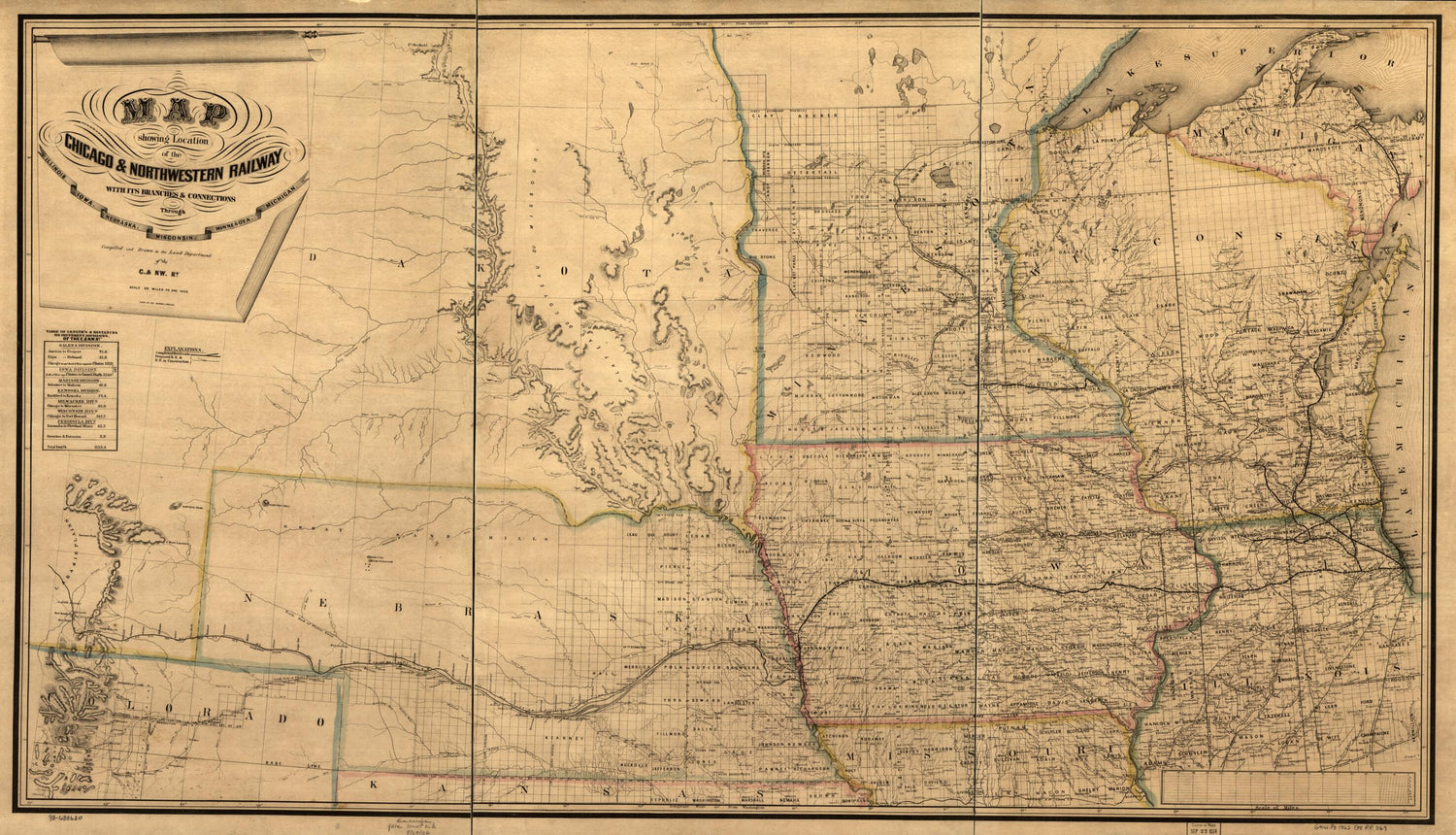 This old map of Map Showing the Location of the Chicago &amp; Northwestern Railway With Its Branches &amp; Connections Through Illinois, Iowa, Nebraska, Wisconsin, Minnesota, Michigan from 1869 was created by  Chicago &amp; Northwestern Railway. Land Department,  Ch