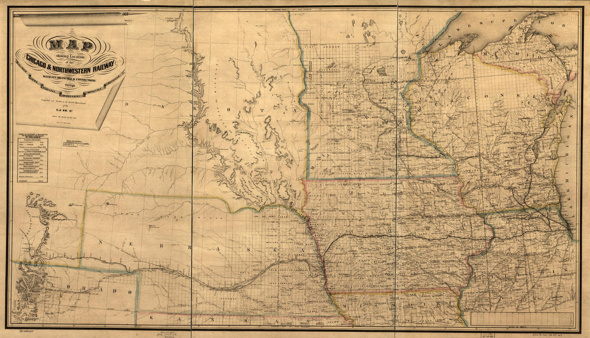 Map Showing the Location of the Chicago &amp; Northwestern Railway With Its Branches &amp; Connections Through Illinois, Iowa, Nebraska, Wisconsin, Minnesota, Michigan in 1869 by Relic Map Company
