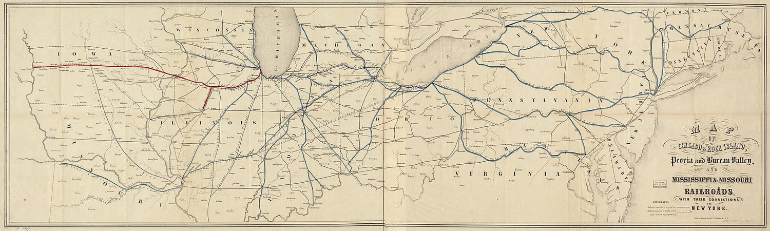 This old map of Map of Chicago &amp; Rock Island, Peoria and Bureau Valley, and Mississippi &amp; Missouri Railroads; With Their Connections to New York from 1852 was created by  Chicago and Rock Island Railroad Company, George E. Leefe in 1852