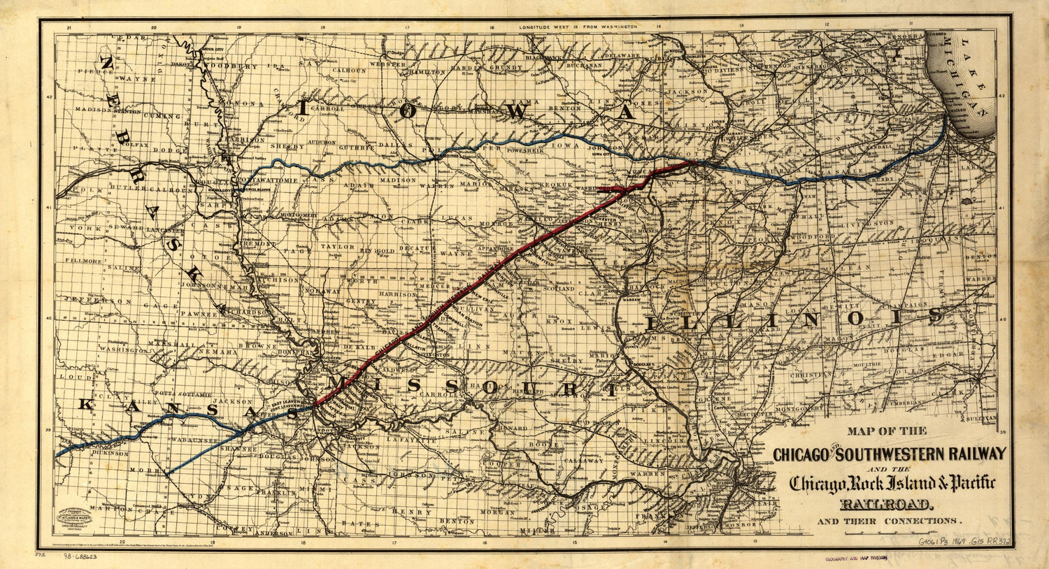 This old map of Map of the Chicago and Southwestern Railway and the Chicago, Rock Island &amp; Pacific Railroad and Their Connections from 1869 was created by  Chicago and Southwestern Railway Company,  G.W. &amp; C.B. Colton &amp; Co in 1869