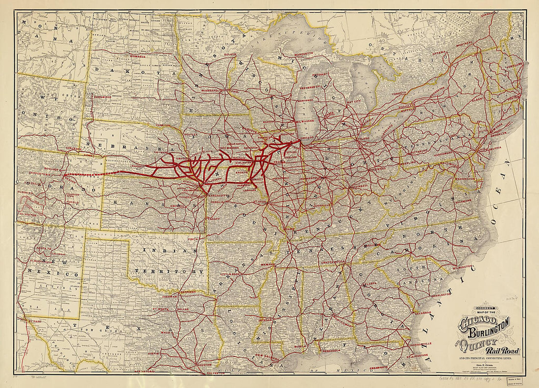 This old map of Correct Map of the Chicago, Burlington, and Quincy Rail Road and Its Principal Connecting Lines from 1881 was created by Burlington &amp; Quincy Railroad Company Chicago, George Franklin Cram in 1881