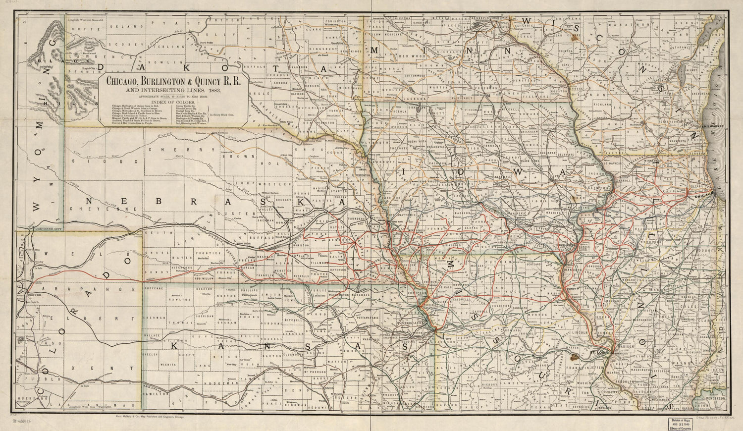 This old map of Chicago, Burlington &amp; Quincy R.R. and Intersecting Lines, from 1883 was created by Burlington &amp; Quincy Railroad Company Chicago,  Rand McNally and Company in 1883