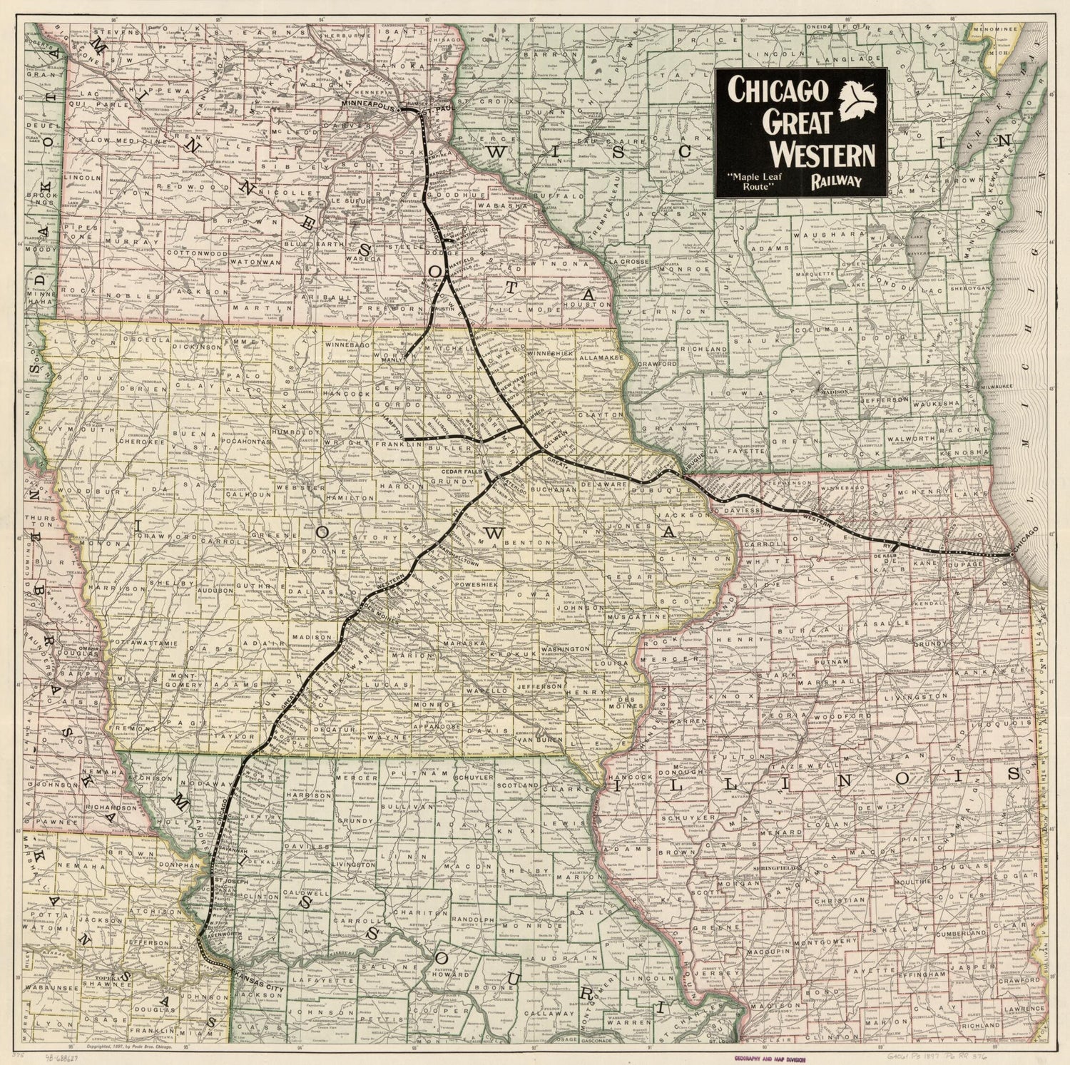 This old map of Chicago Great Western Railway Maple Leaf Route. from 1897 was created by  Chicago Great Western Railway Company,  Poole Brothers in 1897