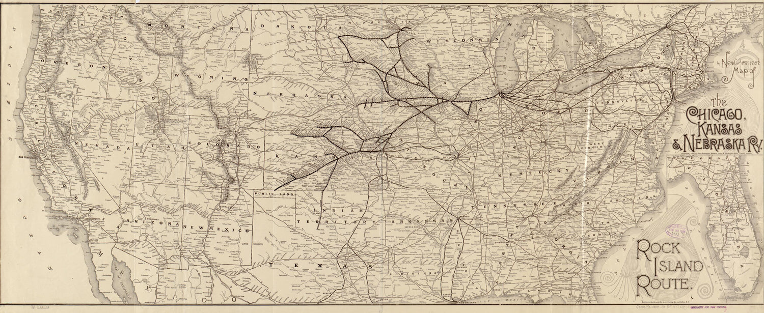 This old map of New and Correct Map of the Chicago, Kansas &amp; Nebraska Ry. Rock Island Route from 1888 was created by Kansas Chicago, John Sebastian in 1888