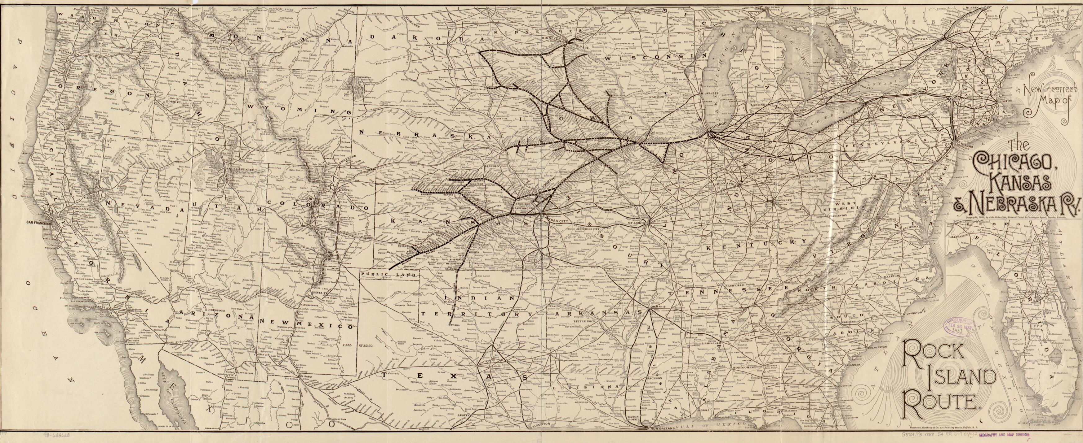 This old map of New and Correct Map of the Chicago, Kansas &amp; Nebraska Ry. Rock Island Route from 1888 was created by Kansas Chicago, John Sebastian in 1888