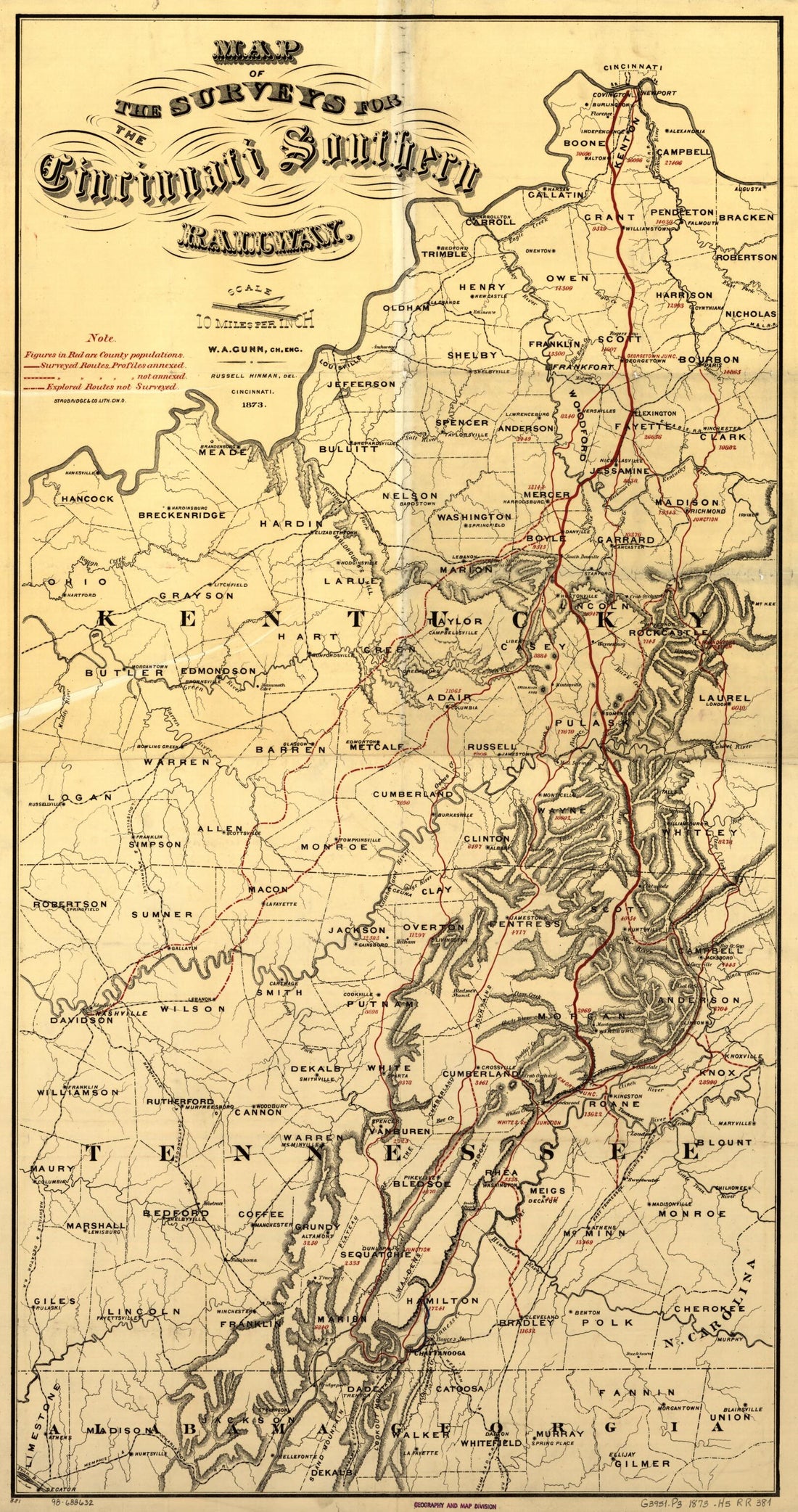 This old map of Map of the Surveys of the Cincinnati Railway, W.A. Gunn, Ch. Eng from 1873 was created by  Cincinnati Railway, Russell Hinamn in 1873
