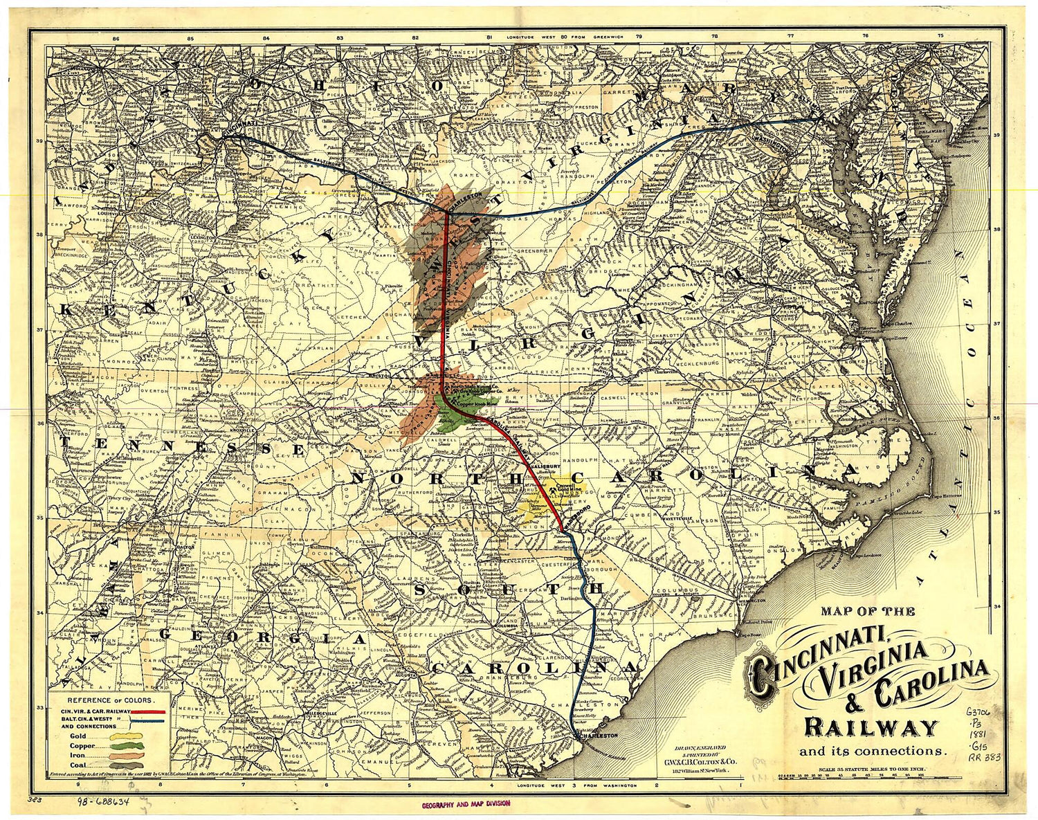 This old map of Map of the Cincinnati, Virginia, &amp; Carolina Railway and Its Connection from 1881 was created by Virginia Cincinnati,  G.W. &amp; C.B. Colton &amp; Co in 1881