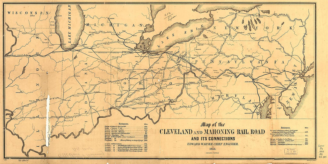 This old map of Map of the Cleveland and Mahoning Rail Road and Its Connections, Edward Warner Chief Engineer, from 1853 was created by  Cleveland and Mahoning Rail Road Company, J. (John) Mueller in 1853