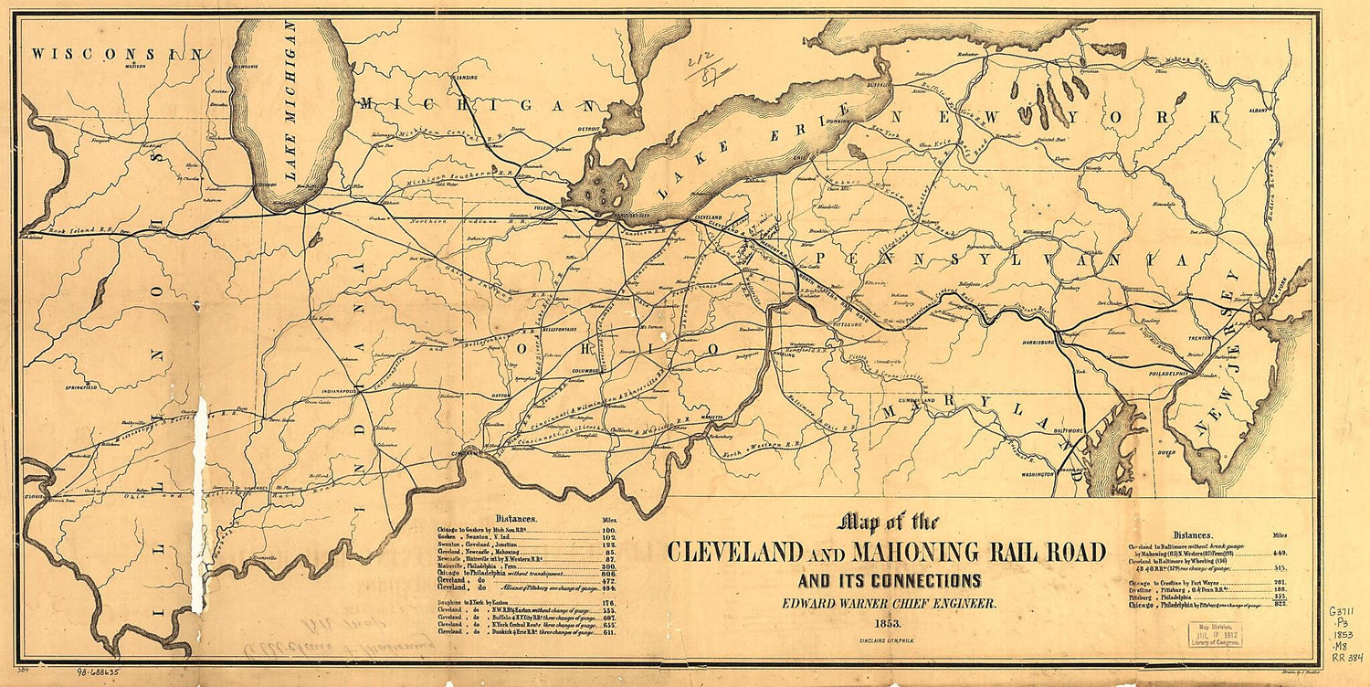 This old map of Map of the Cleveland and Mahoning Rail Road and Its Connections, Edward Warner Chief Engineer, from 1853 was created by  Cleveland and Mahoning Rail Road Company, J. (John) Mueller in 1853