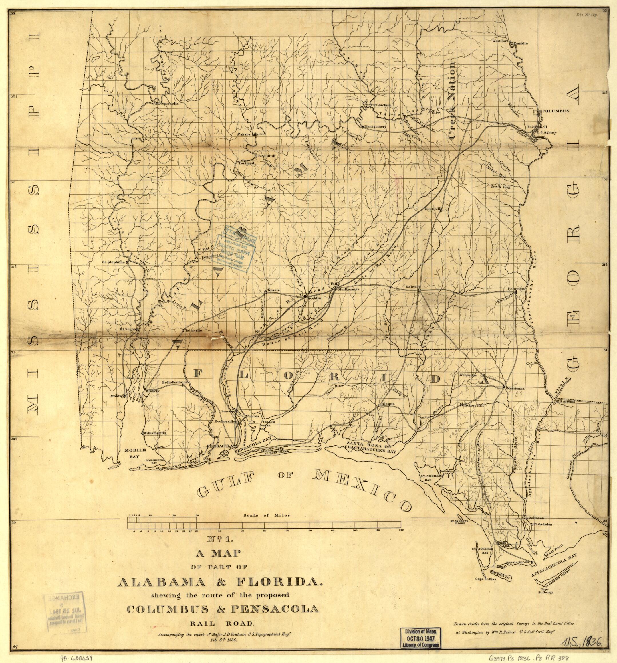 A Map of Part of Alabama &amp; Florida, Showing the Route of the Proposed Columbus &amp; Pensacola Rail Road, Accompanying the Report of Major J. D. Graham, U.S. Topographical Engr. Feb. 6th, 1836; Drawn Chiefly from the Original Surveys In the Gen. Land Offi... by Relic Map Company