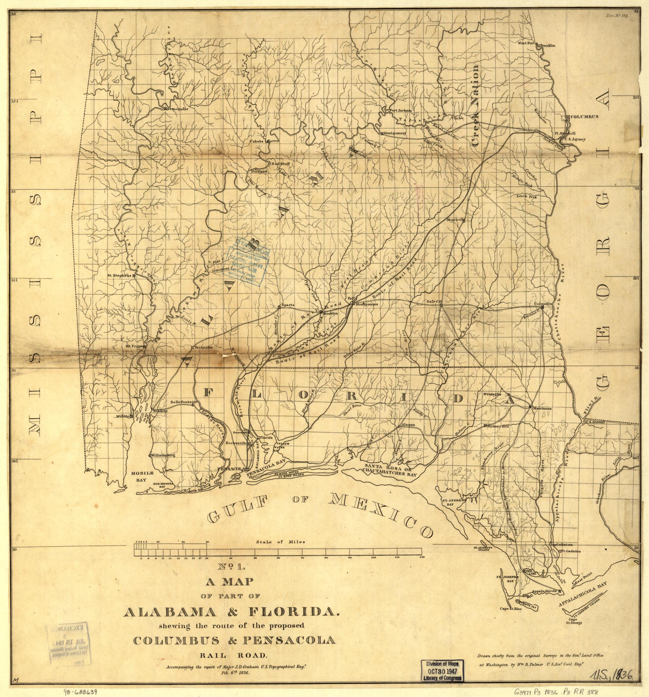 This old map of A Map of Part of Alabama &amp; Florida, Showing the Route of the Proposed Columbus &amp; Pensacola Rail Road, Accompanying the Report of Major J. D. Graham, U.S. Topographical Engr. Feb. 6th, from 1836; Drawn Chiefly from the Original Surveys In 