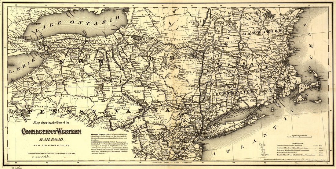 This old map of Map Showing the Line of the Connecticut &amp; Western Railroad and Its Connections from 1871 was created by  Connecticut Western Railroad Co,  G.W. &amp; C.B. Colton &amp; Co in 1871