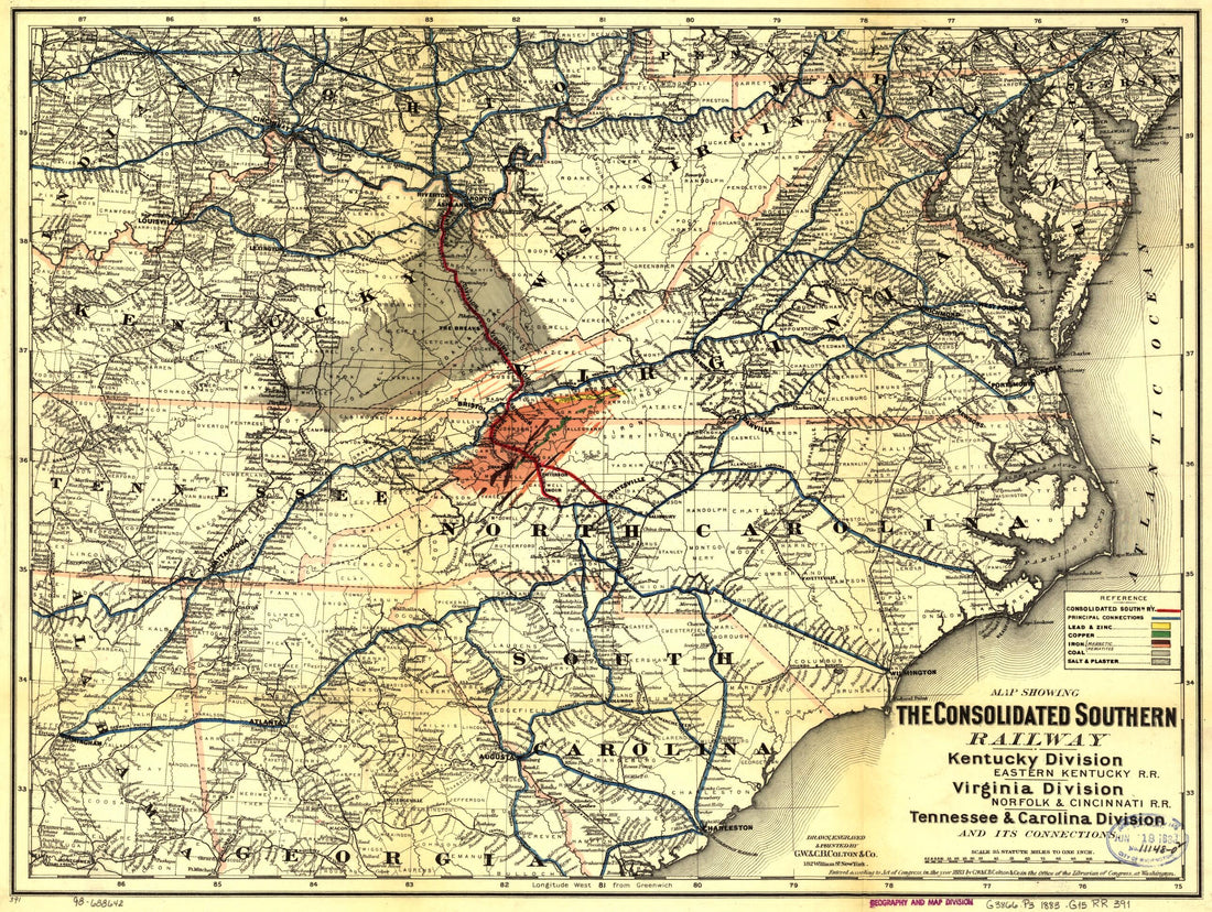This old map of -Eastern Kentucky R.R. Virginia Division--Norfolk & Cincinnati R.R. Tennessee & Carolina Division and Its Connections from 1883 was created by  Consolidated Southern Railway,  G.W. & C.B. Colton & Co in 1883