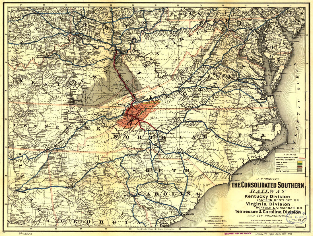 This old map of -Eastern Kentucky R.R. Virginia Division--Norfolk &amp; Cincinnati R.R. Tennessee &amp; Carolina Division and Its Connections from 1883 was created by  Consolidated Southern Railway,  G.W. &amp; C.B. Colton &amp; Co in 1883