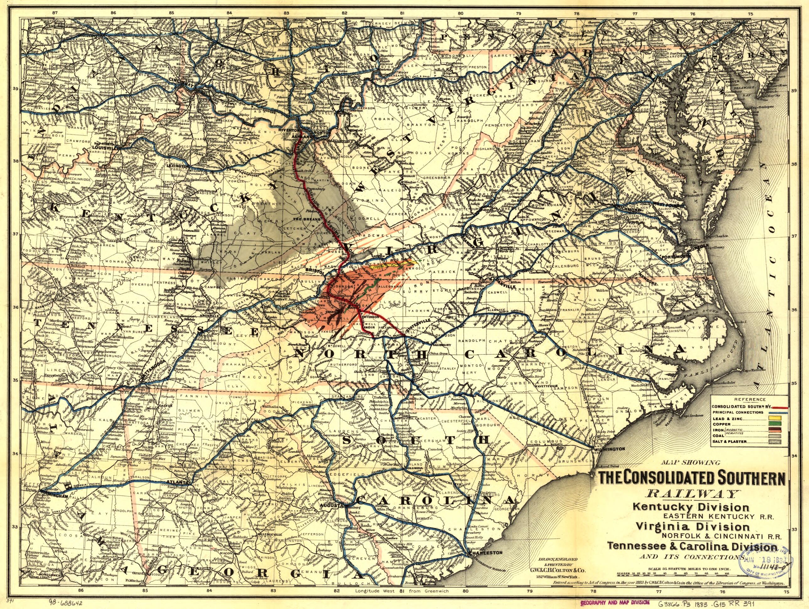 This old map of -Eastern Kentucky R.R. Virginia Division--Norfolk &amp; Cincinnati R.R. Tennessee &amp; Carolina Division and Its Connections from 1883 was created by  Consolidated Southern Railway,  G.W. &amp; C.B. Colton &amp; Co in 1883