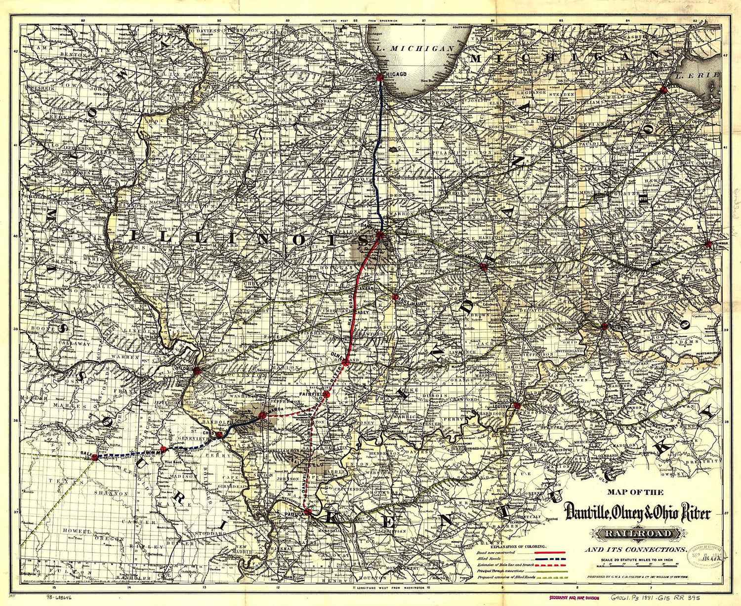 This old map of Map of the Danville, Olney &amp; Ohio River Railroad and Its Connections from 1881 was created by Olney Danville,  G.W. &amp; C.B. Colton &amp; Co in 1881