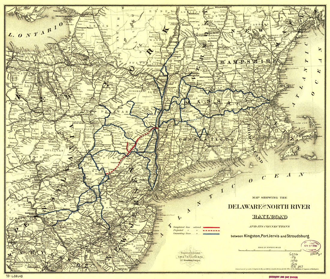 This old map of Map Showing the Delaware and North River Railroad and Its Connections Between Kingston, Port Jarvis and Stroudsburg from 1890 was created by  Delaware and North River Railroad,  G.W. &amp; C.B. Colton &amp; Co in 1890