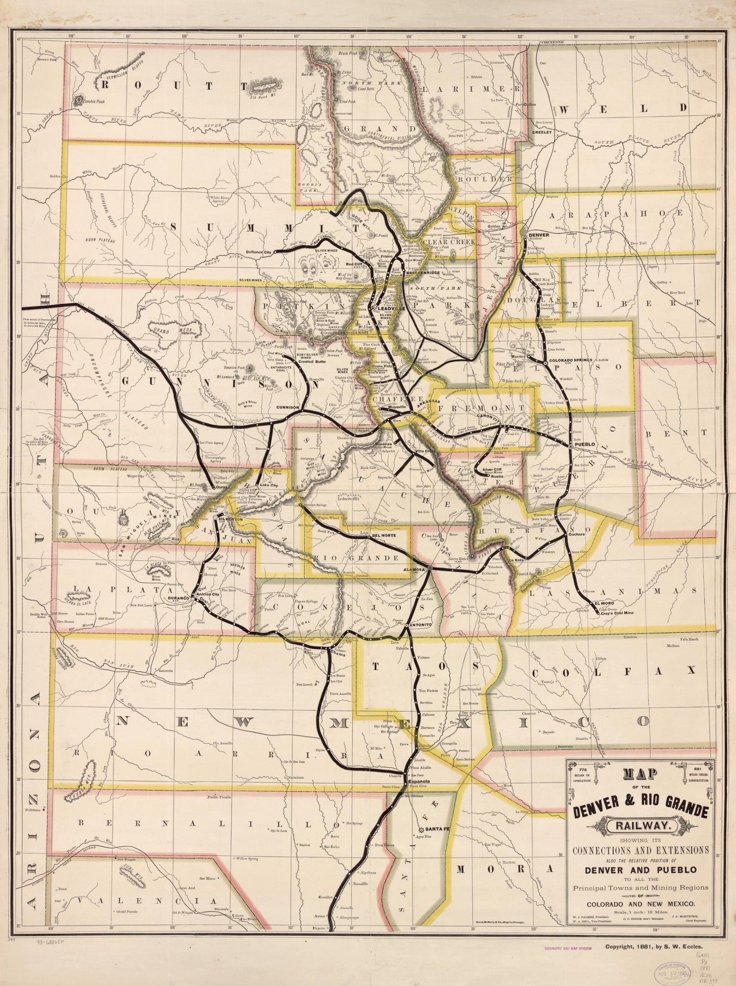 This old map of Map of the Denver &amp; Rio Grande Railway, Showing Its Connections and Extensions Also the Relative Position of Denver and Pueblo to All the Principal Towns and Mining Regions of Colorado and New Mexico from 1881 was created by  Denver and R