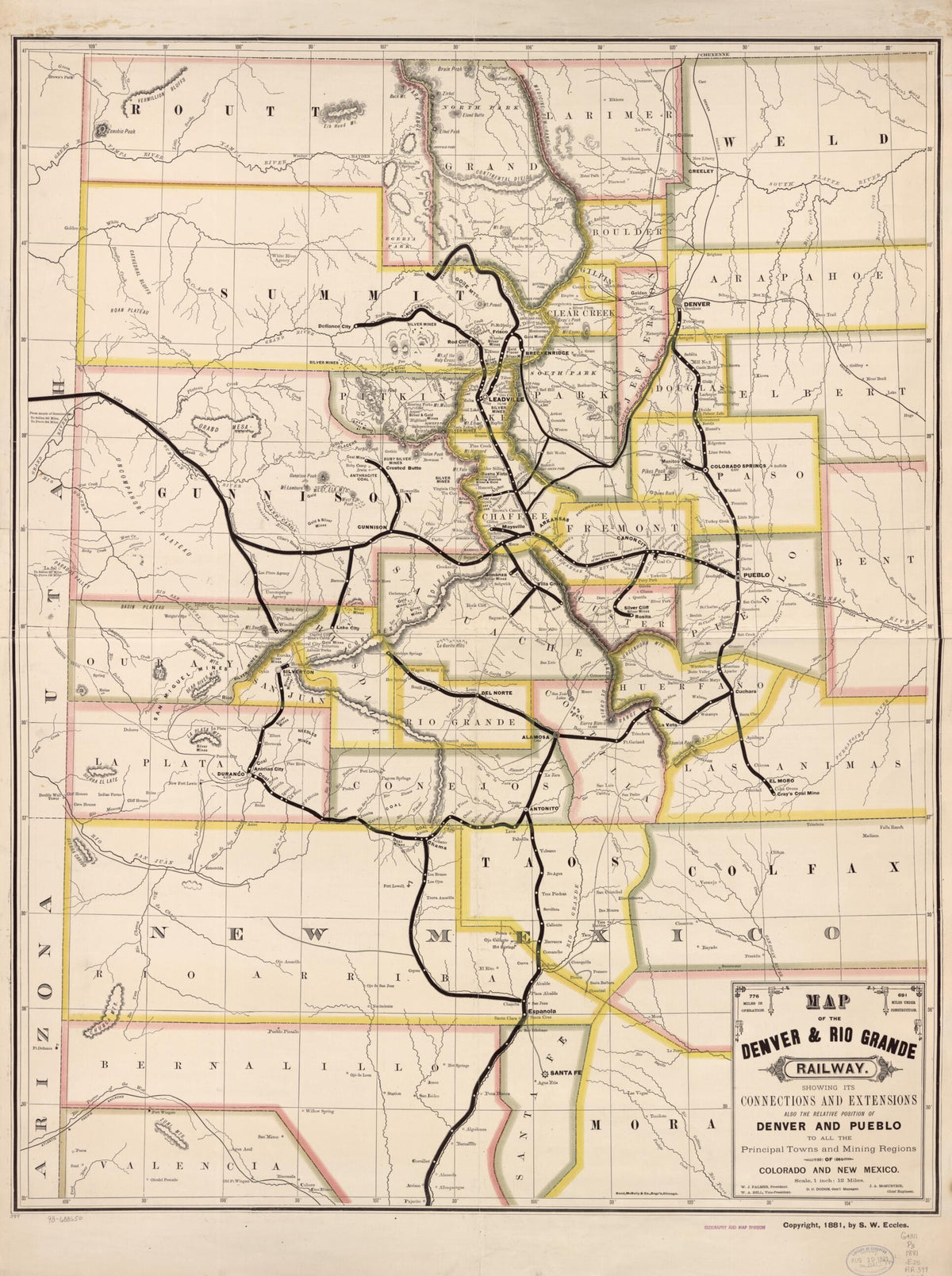 Map of the Denver &amp; Rio Grande Railway, Showing Its Connections and Extensions Also the Relative Position of Denver and Pueblo to All the Principal Towns and Mining Regions of Colorado and New Mexico in 1881 by Relic Map Company