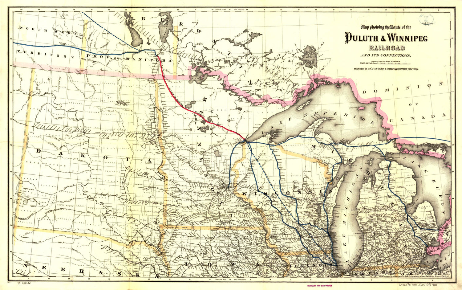 This old map of Map Showing the Route of the Duluth &amp; Winnipeg Railroad and Its Connections from 1881 was created by  Duluth and Winnipeg Railway Company,  G.W. &amp; C.B. Colton &amp; Co in 1881