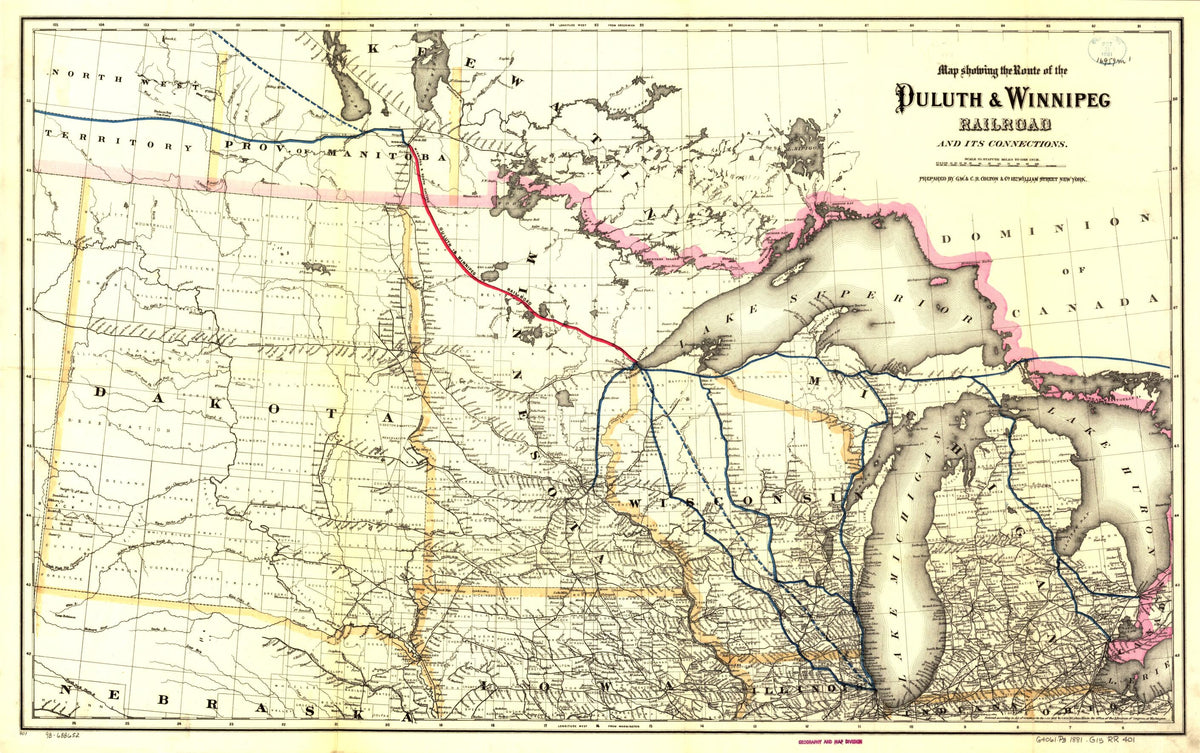 Map Showing the Route of the Duluth &amp; Winnipeg Railroad and Its Connections in 1881 by Relic Map Company