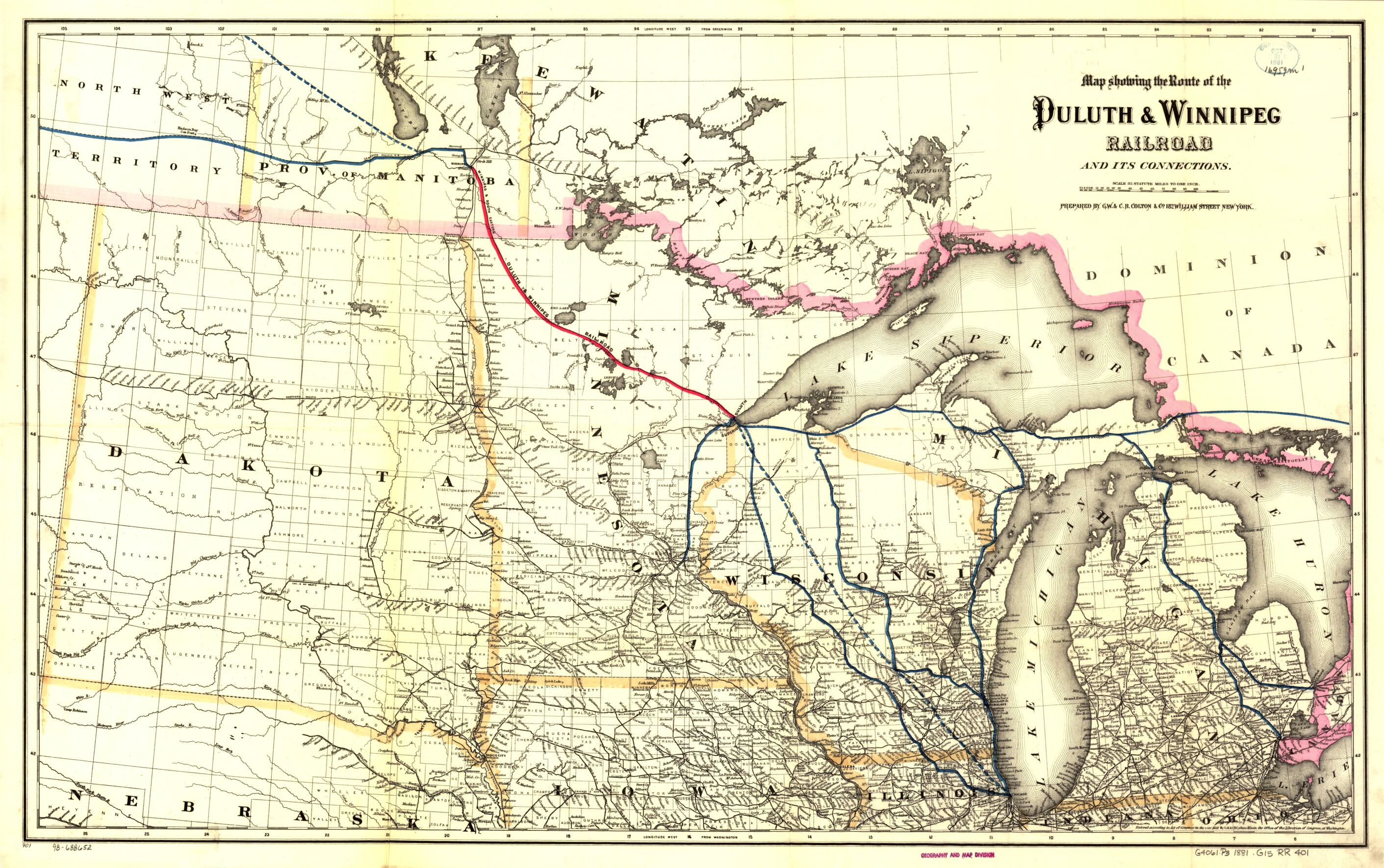 This old map of Map Showing the Route of the Duluth &amp; Winnipeg Railroad and Its Connections from 1881 was created by  Duluth and Winnipeg Railway Company,  G.W. &amp; C.B. Colton &amp; Co in 1881