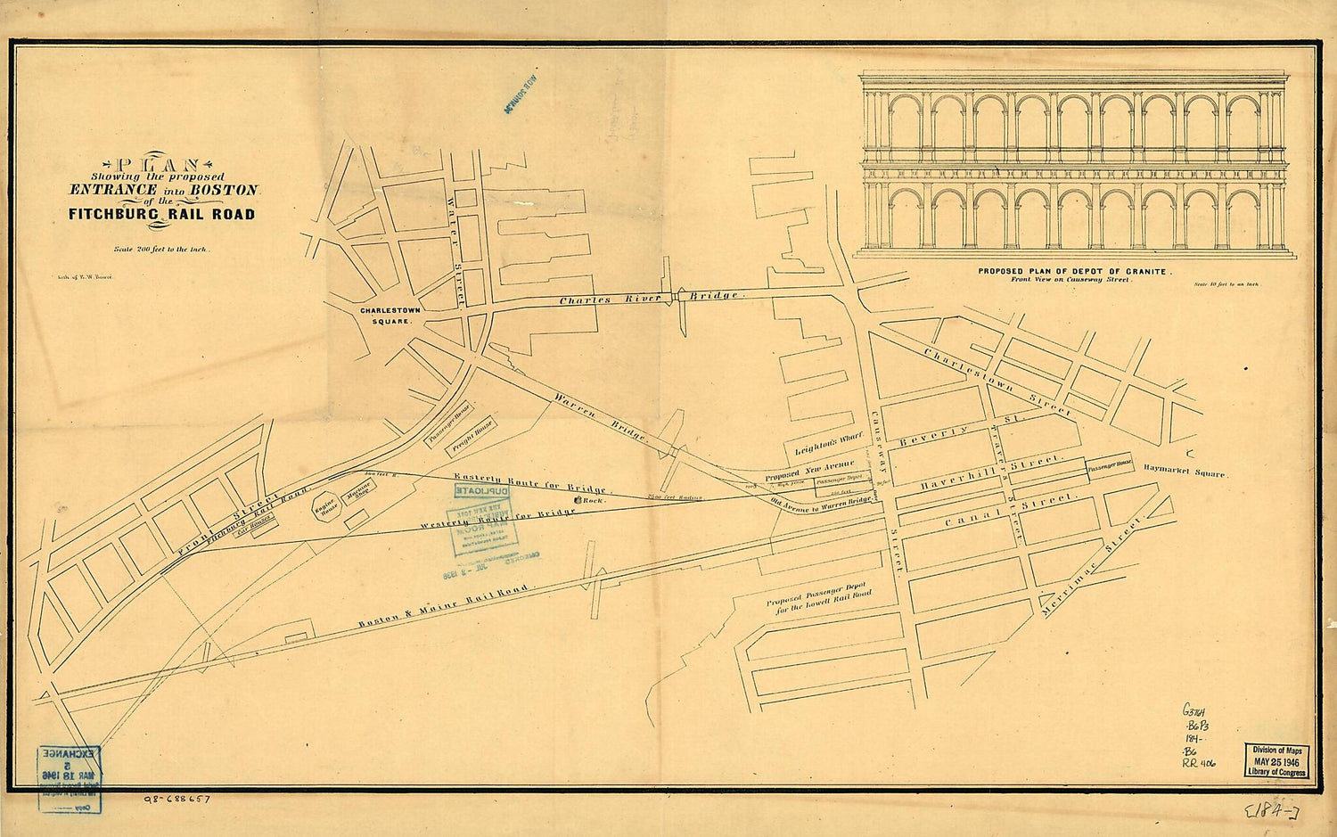 This old map of Plan Showing the Proposed Entrance Into Boston of the Fitchburg Rail Road from 1840 was created by Elisha W. Bouvé,  Fitchburg Railroad in 1840