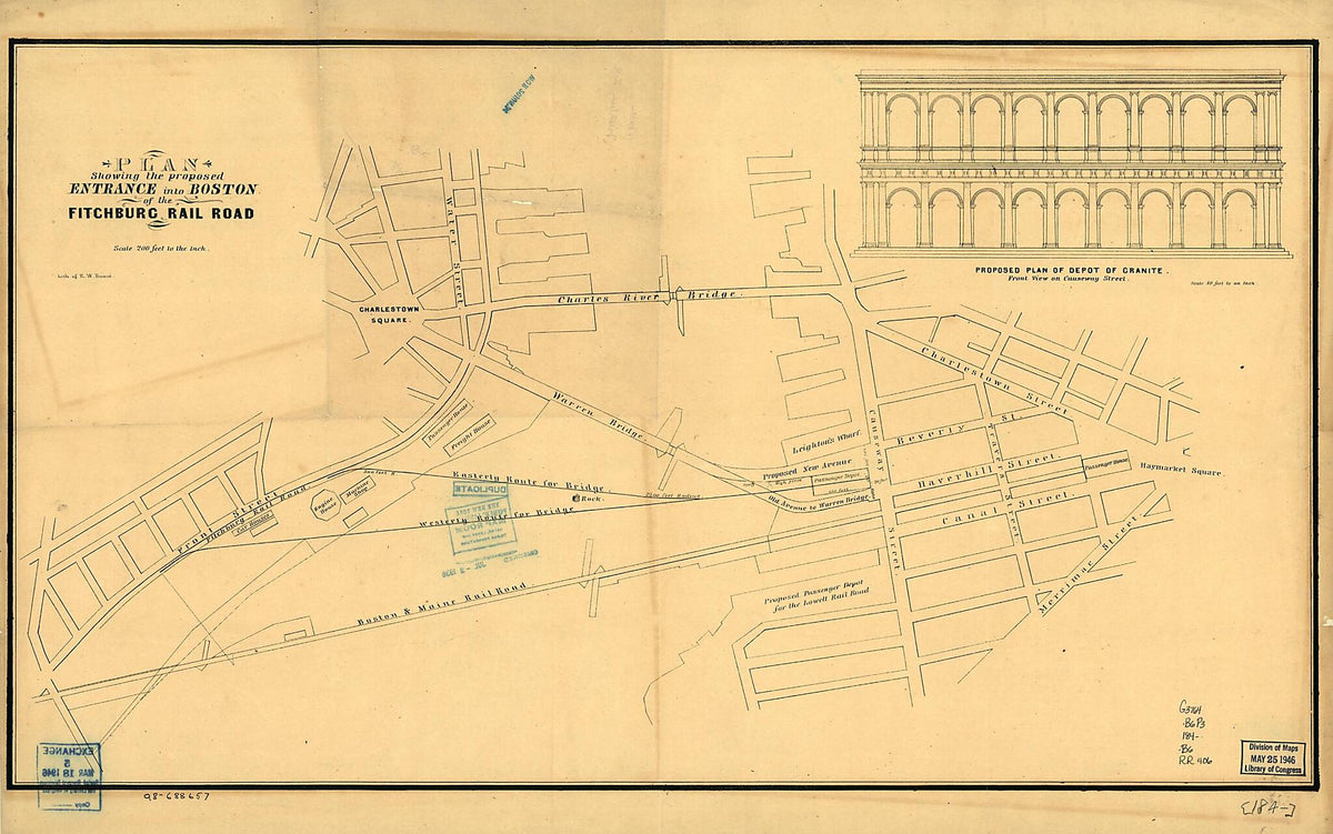 Plan Showing the Proposed Entrance Into Boston of the Fitchburg Rail Road 1840 by Relic Map Company