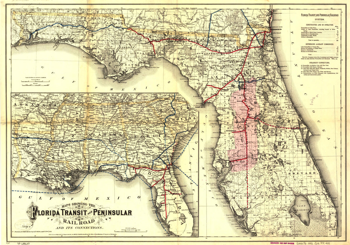 Maps Showing the Florida Transit and Peninsula Rail Road and Its Connections 1882 by Relic Map Company