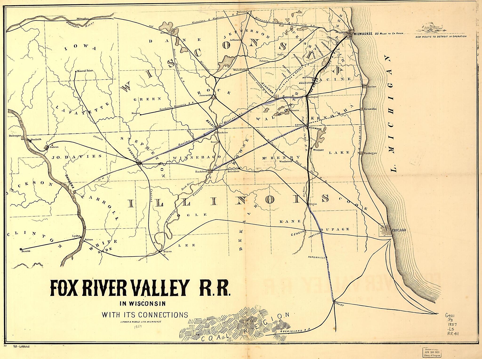 This old map of Fox River Valley Railroad In Wisconsin With Its Connections from 1857 was created by  Fox River Valley Railroad,  Lipman &amp; Riddle in 1857