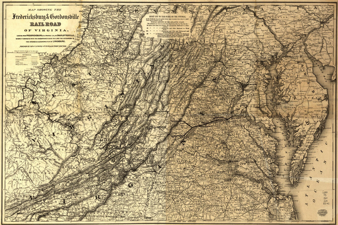This old map of Map Showing the Fredericksburg &amp; Gordonsville Rail Road of Virginia, Leading from Fredericksburg, Via Orange C.H., to Charlottesville, Where It Connects With the Chesapeake &amp; Ohio R.R. and the Extension of the Orange &amp; Alexandra R.R. to L