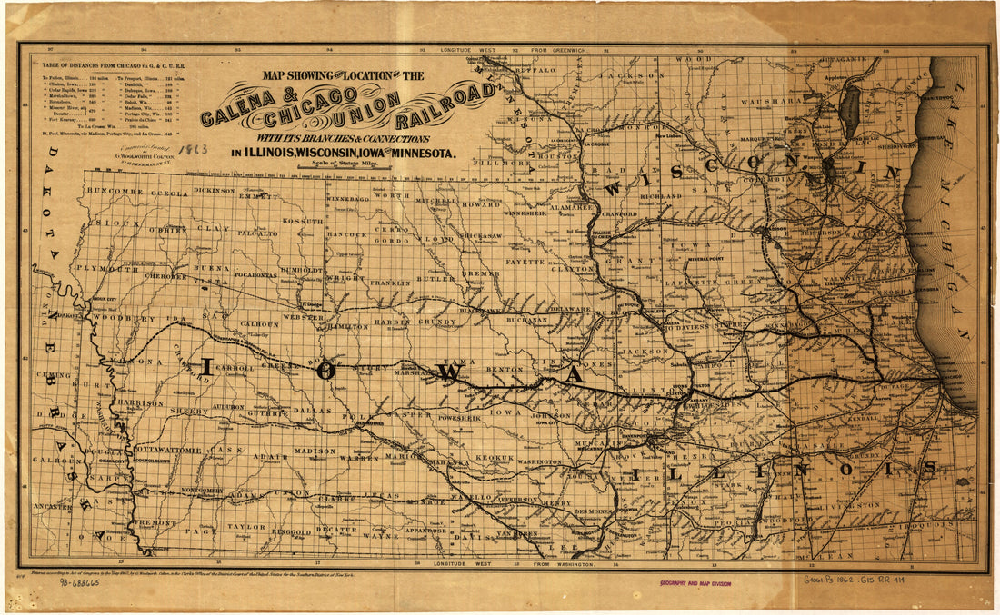 This hand drawn illustration (map) of Map Showing the Location of the Galena &amp; Chicago Union Railroad With Its Branches &amp; Connections In Illinois, Wisconsin, Iowa and Minnesota in from 1862 was created by  G.W. &amp; C.B. Colton &amp; Co,  Galena and Chicago Union Railroad Company in 1862