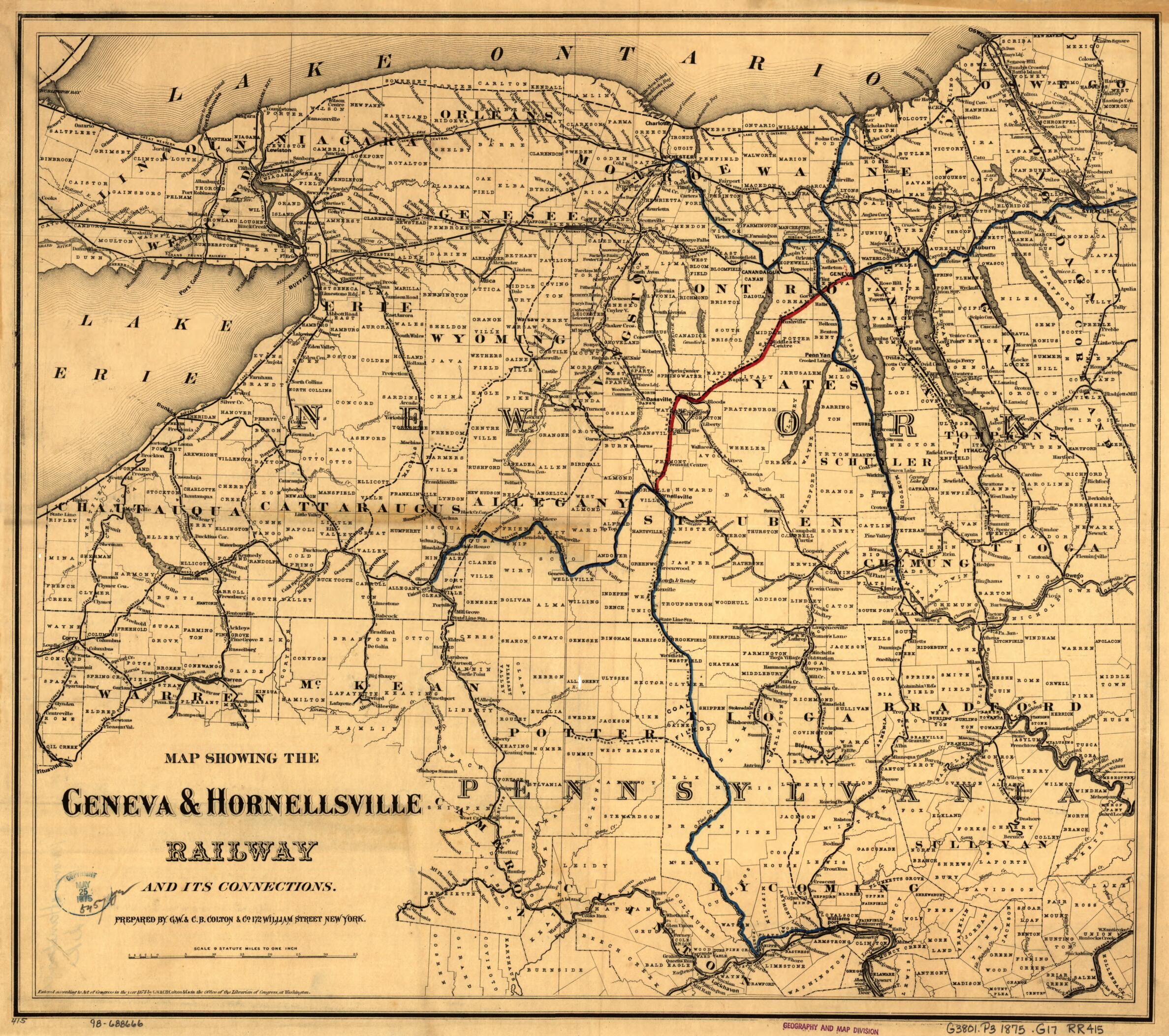 This old map of Map Showing the Geneva &amp; Hornellsville Railroad and Its Connections from 1875 was created by  G.W. &amp; C.B. Colton &amp; Co,  Geneva and Hornellsville Railroad in 1875